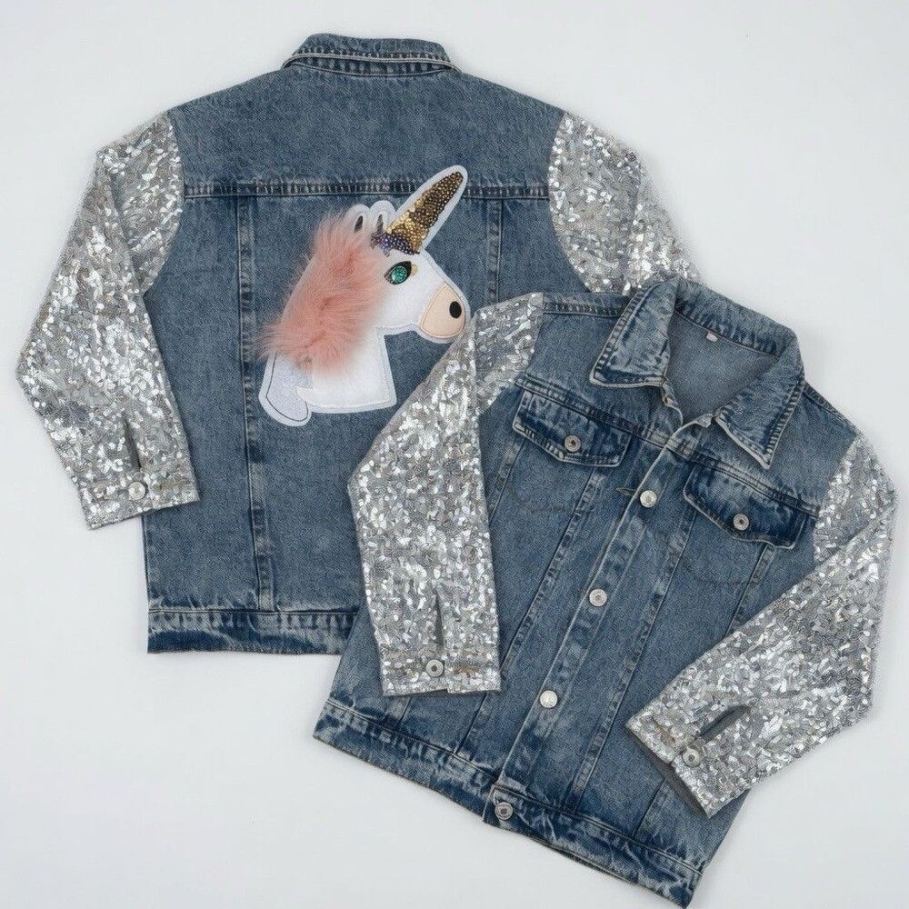 Girls Jean Jacket With Sequins And Unicorn On The Back 8y 9y 10y 11y 12y